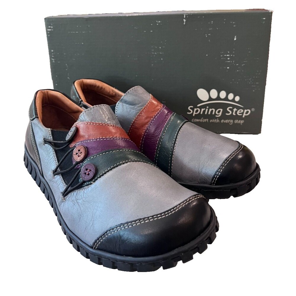 Spring Step Neeta NEW Size 8.5 39 Slip-On Shoes Casual Leather Grey Multi Womens